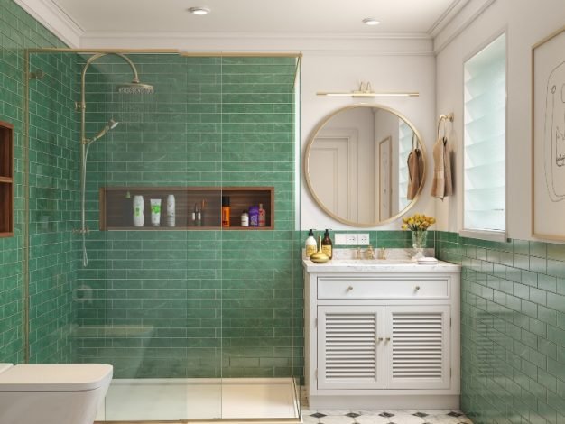 3bhk-bathroom-design-with-green-wall-cladding 3bhk-bathroom-design-with-green-wall-cladding
