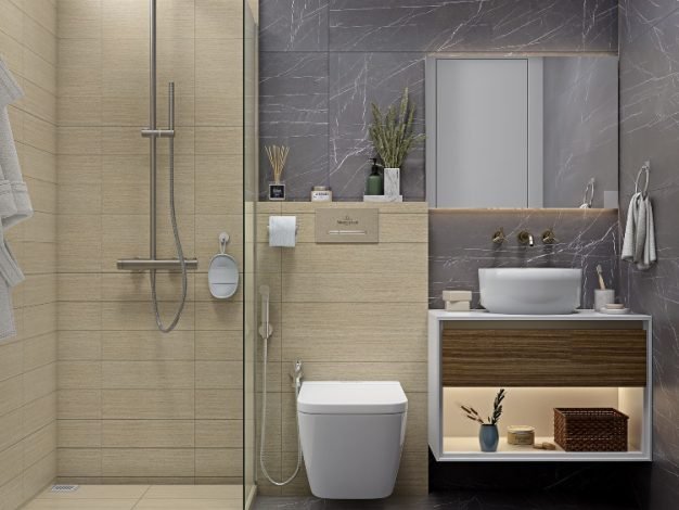 small-bathroom-design-with-wood-finished-floating-vanity-unit-in-modern-2bhk-home small-bathroom-design-with-wood-finished-floating-vanity-unit-in-modern-2bhk-home